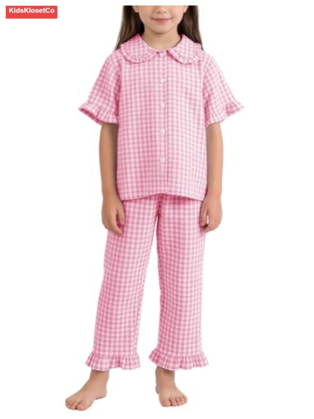 Girls 2 Piece Cotton Gingham Outfit Ruffled Top Wide Leg Pants Set
